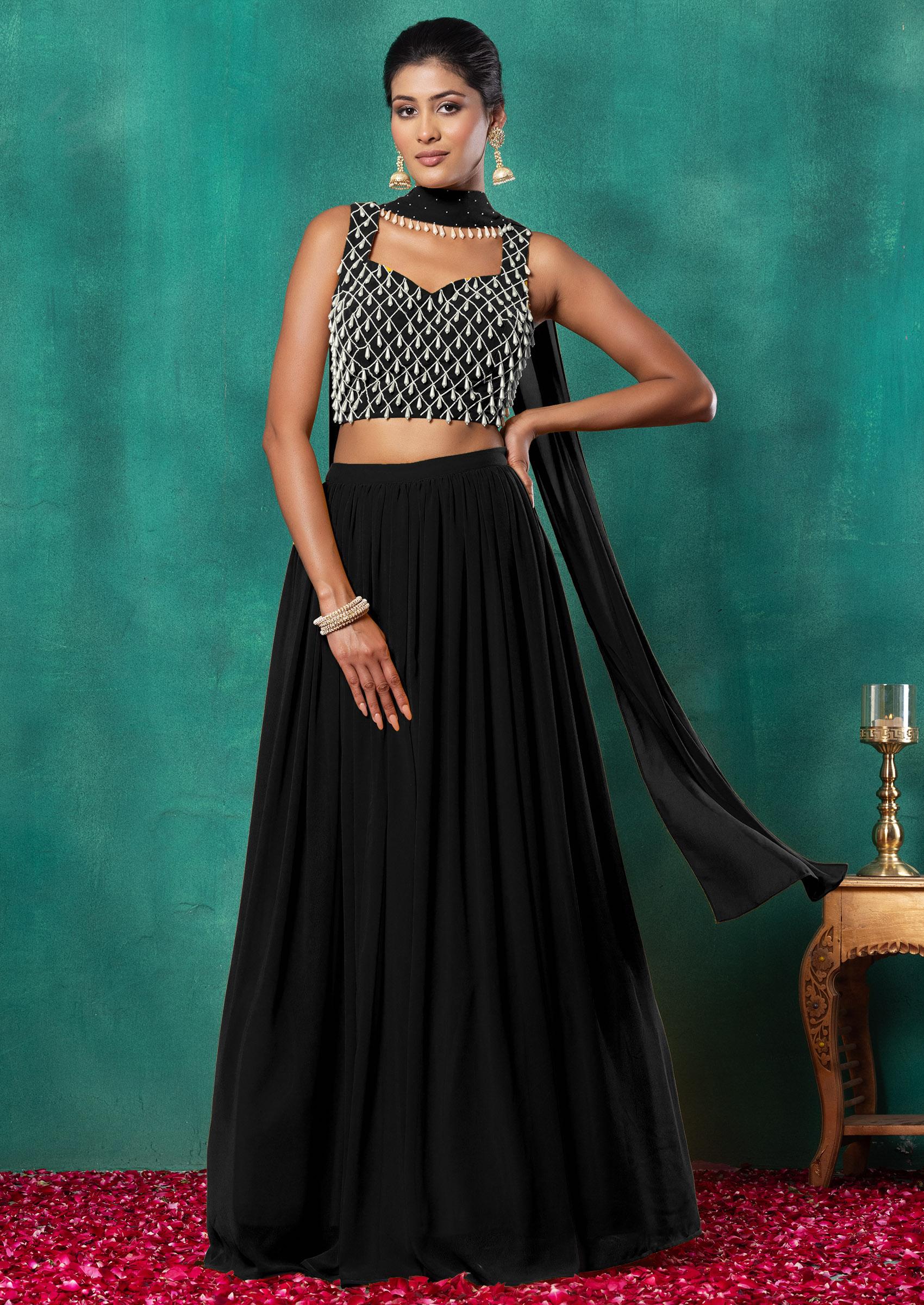 Buy Women Black Lehenga Set With Geometric Pearl Hand Embroidered Blouse  And Choker Dupatta - Lehengas - Indya