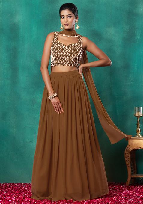 Brown Lehenga Set With Geometric Pearl Hand Embroidered Blouse And Choker Dupatta
