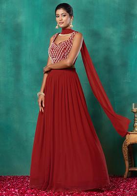 Red Lehenga Set With Geometric Pearl Hand Embroidered Blouse And Choker Dupatta