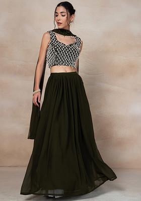 Olive Green Lehenga Set With Geometric Pearl Hand Embroidered Blouse And Choker Dupatta