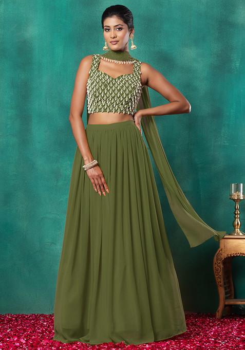 Olive Green Lehenga Set With Geometric Pearl Hand Embroidered Blouse And Choker Dupatta