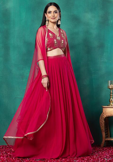 Fuchsia Pink Lehenga Set With Floral Sequin Bead Hand Embroidered Blouse And Dupatta