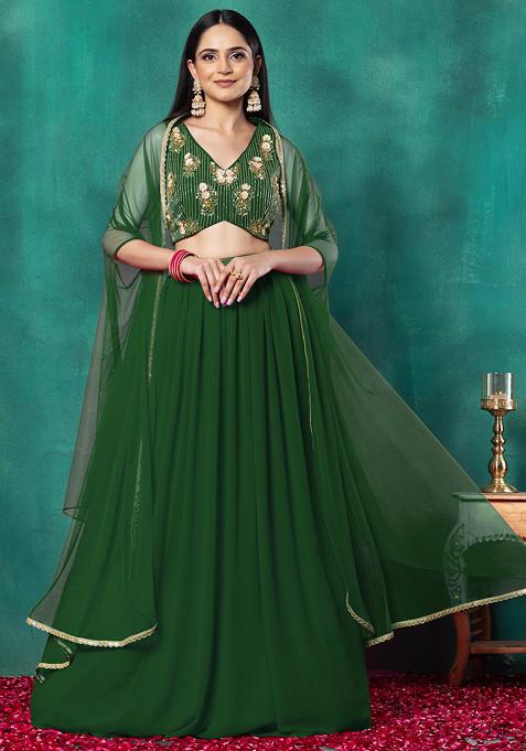 Dark Green Lehenga Set With Floral Sequin Bead Hand Embroidered Blouse And Dupatta