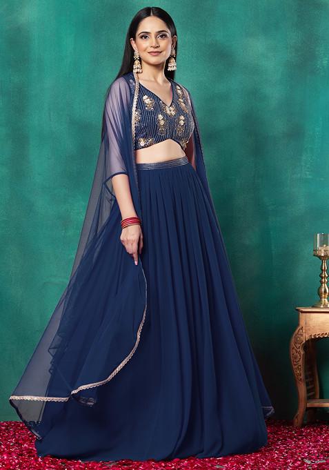 Indigo Blue Lehenga Set With Floral Sequin Bead Hand Embroidered Blouse And Dupatta