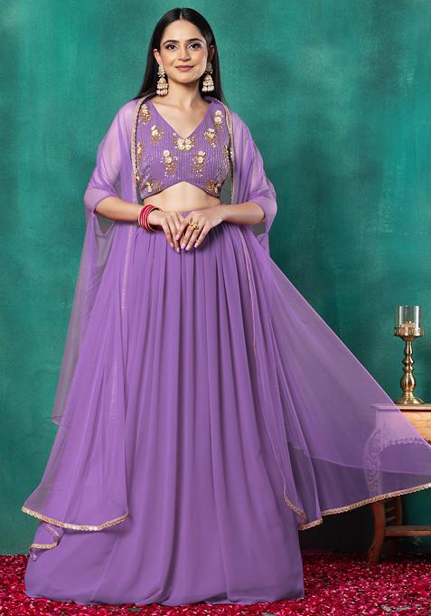 Lavender Lehenga Set With Floral Sequin Bead Hand Embroidered Blouse And Dupatta