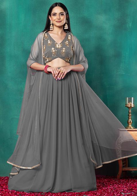 Grey Lehenga Set With Floral Sequin Bead Hand Embroidered Blouse And Dupatta