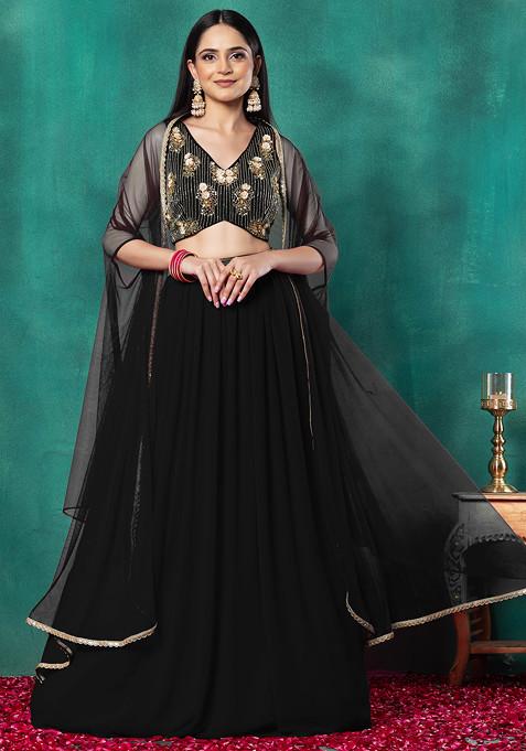 Black Lehenga Set With Floral Sequin Bead Hand Embroidered Blouse And Dupatta