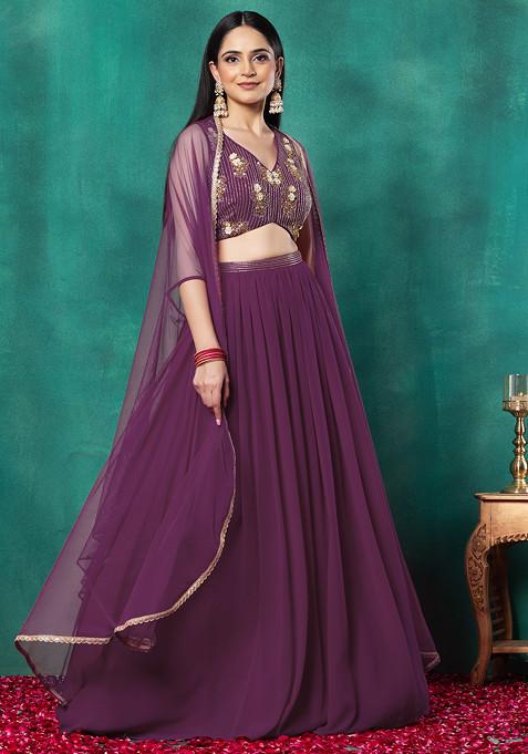 Purple Lehenga Set With Floral Sequin Bead Hand Embroidered Blouse And Dupatta