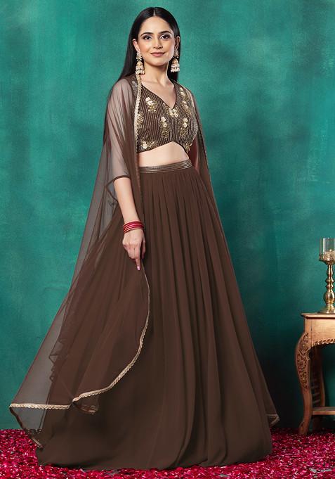 Dark Brown Lehenga Set With Floral Sequin Bead Hand Embroidered Blouse And Dupatta