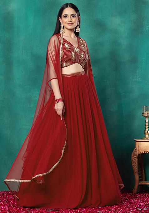 Red Lehenga Set With Floral Sequin Bead Hand Embroidered Blouse And Dupatta