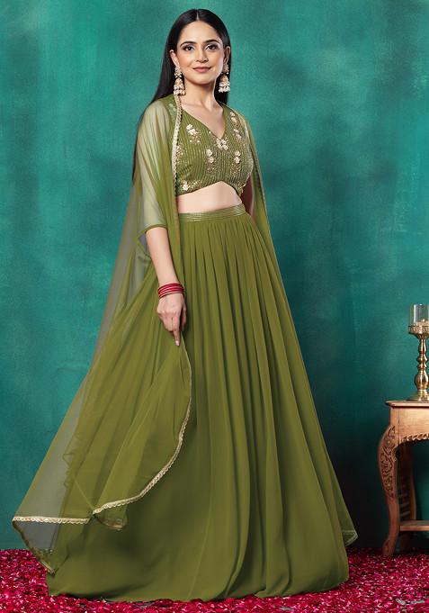 Olive Green Lehenga Set With Floral Sequin Bead Hand Embroidered Blouse And Dupatta