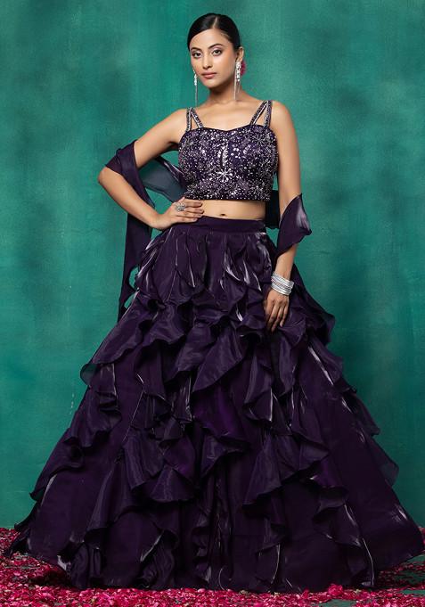 Dark Purple Ruffled Satin Lehenga Set With Sequin Bead Embellished Blouse And Dupatta