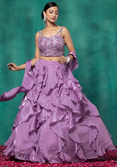 Lilac Ruffled Satin Lehenga Set With Sequin Bead Embellished Blouse And Dupatta