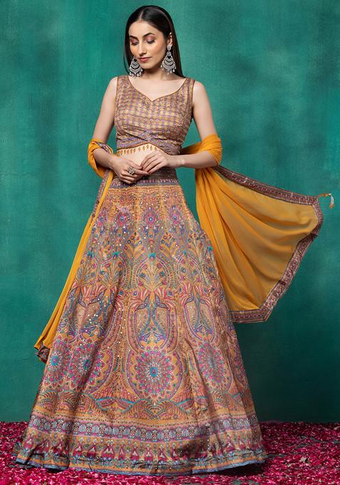 Yellow Floral Print Sequin Embellished Lehenga Set With Embellished Blouse And Dupatta