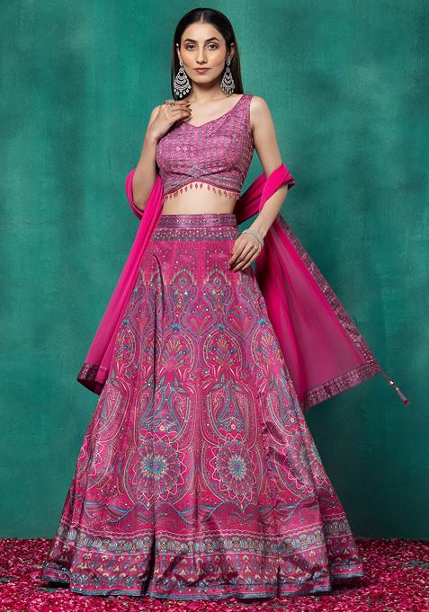 Pink Floral Print Sequin Embellished Lehenga Set With Embellished Blouse And Dupatta