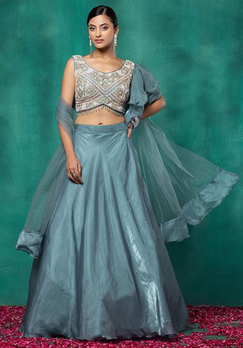 Sea Green Lehenga Set With Sequin Hand Embellished Blouse And Dupatta