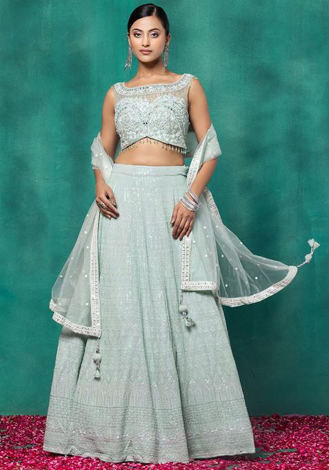 Sea Green Embroidered Lehenga Set With Mirror Sequin Embellished Blouse And Dupatta