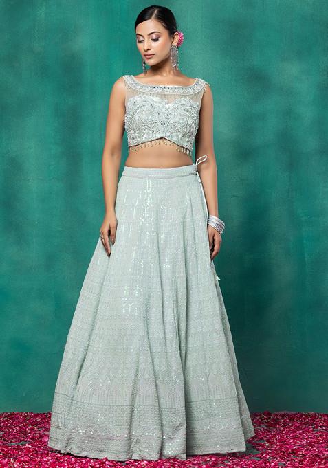 Buy Women Sea Green Embroidered Lehenga Set With Mirror Sequin ...