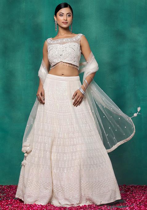 Off White Embroidered Lehenga Set With Mirror Sequin Embellished Blouse And Dupatta