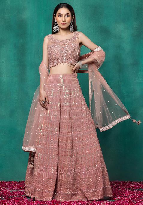 Peach Embroidered Lehenga Set With Mirror Sequin Embellished Blouse And Dupatta
