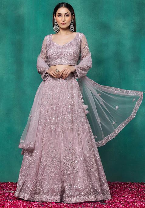 Peach Floral Sequin Bead Embellished Mesh Lehenga Set With Embellished Blouse And Dupatta