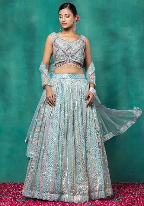 Sea Green Sequin Embellished Mesh Lehenga Set With Embroidered Blouse And Dupatta