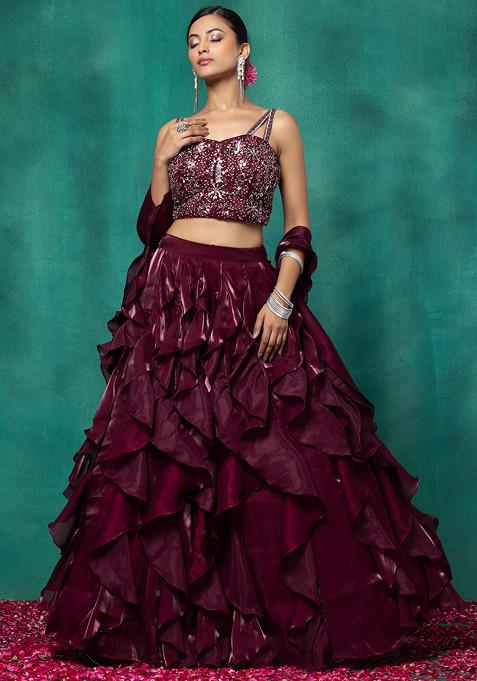 Maroon Ruffled Satin Lehenga Set With Sequin Bead Embellished Blouse And Dupatta