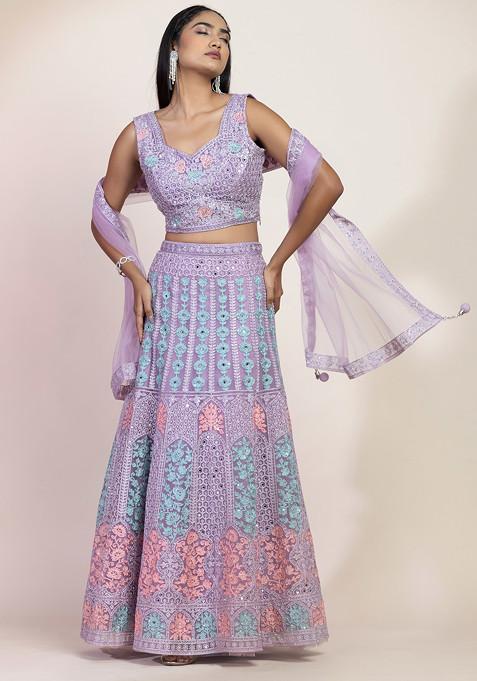 Lavender Multicolour Dori Work Lehenga Set With Embellished Blouse And Dupatta