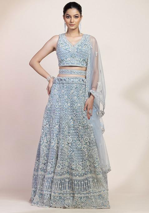 Pastel Blue Floral Dori Work Lehenga Set With Embellished Blouse And Dupatta