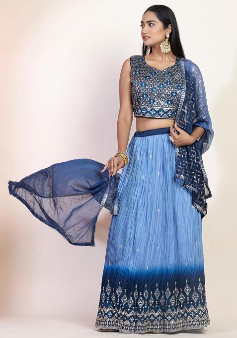 Navy Blue Sequin Embroidered Ombre Lehenga Set With Embroidered Blouse And Dupatta