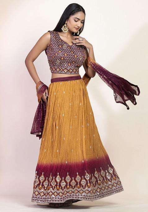 Maroon Sequin Embroidered Ombre Lehenga Set With Embroidered Blouse And Dupatta