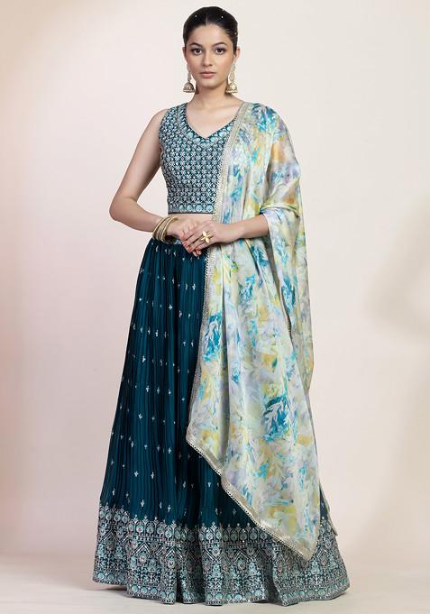 Turquoise Green Zari Thread Embroidered Lehenga Set With Embroidered Blouse And Printed Dupatta