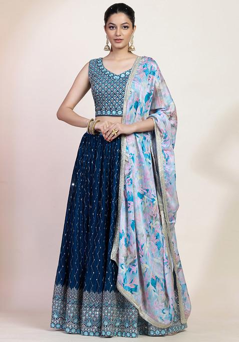 Teal Blue Zari Thread Embroidered Lehenga Set With Embroidered Blouse And Printed Dupatta