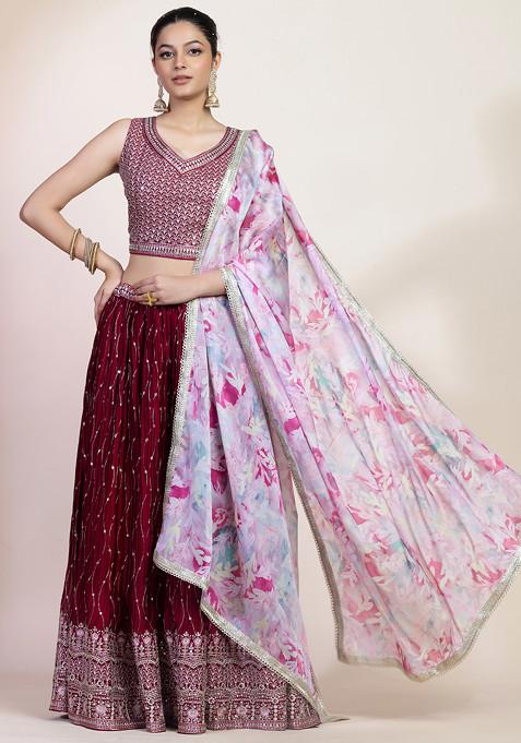 Maroon Zari Thread Embroidered Lehenga Set With Embroidered Blouse And Printed Dupatta