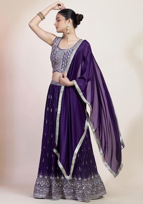 Purple Zari Sequin Embroidered Lehenga Set With Embroidered Blouse And Dupatta