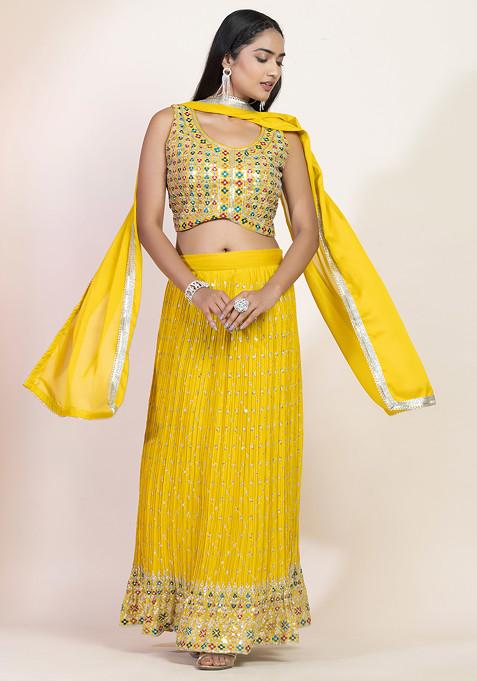 Yellow Sequin Zari Embroidered Lehenga Set With Floral Embroidered Blouse And Dupatta