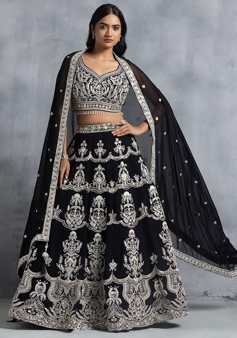 Black Sequin Embellished Lehenga Set With Embroidered Blouse And Dupatta