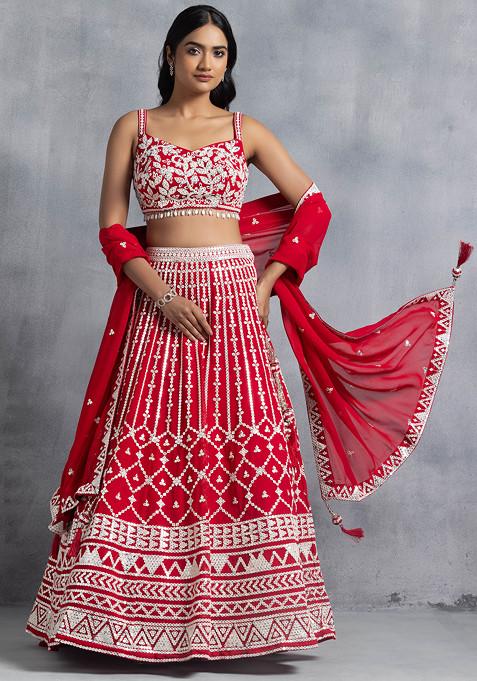 Red Sequin Embroidered Lehenga Set With Floral Embellished Blouse And Embellished Dupatta