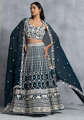 Teal Blue Sequin Embroidered Lehenga Set With Floral Embellished Blouse And Embellished Dupatta
