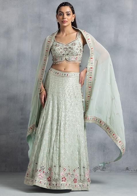 Pastel Green Sequin Embellished Lehenga Set With Multicolour Zari Embroidered Blouse And Dupatta