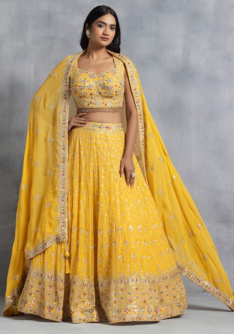 Yellow Sequin Embellished Lehenga Set With Multicolour Zari Embroidered Blouse And Dupatta