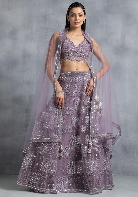 Mauve Sequin Embellished Mesh Lehenga Set With Bead Embellished Blouse And Dupatta