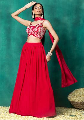 Rani Pink Lehenga Set With Floral Pearl Hand Embroidered Blouse And Choker Dupatta