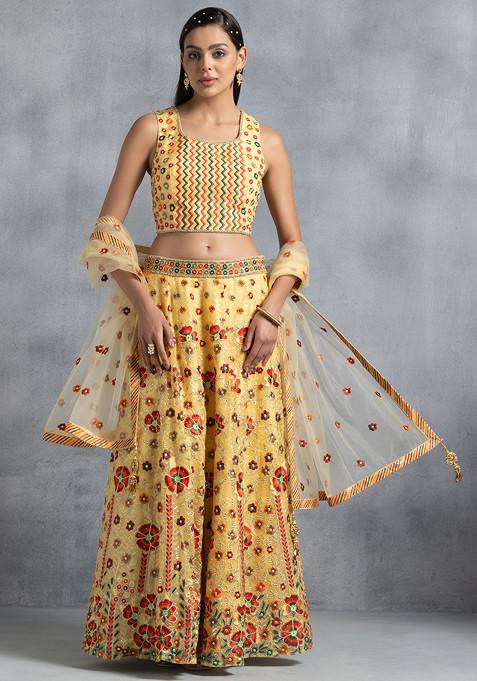 Light Yellow Floral Embroidered Organza Lehenga Set With Embellished Blouse And Dupatta