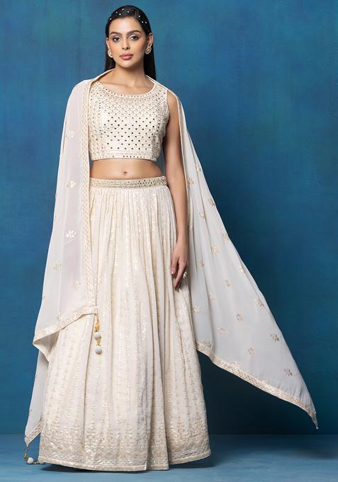 White Sequin Embroidered Lehenga Set With Mirror Embroidered Blouse And Dupatta