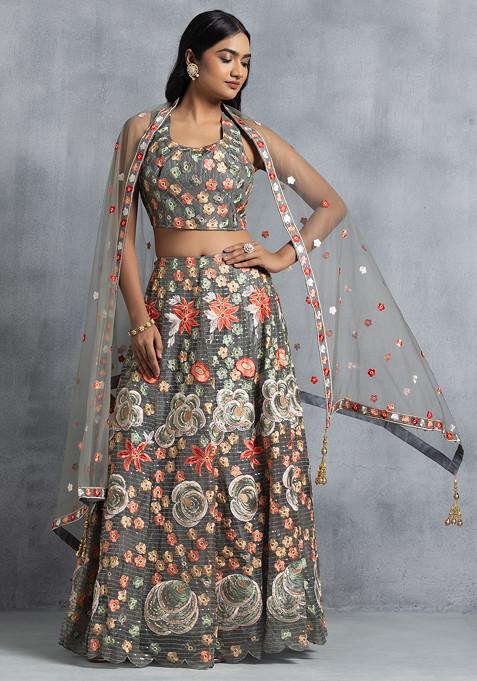 Grey Multicolour Floral Embroidered Lehenga Set With Embroidered Blouse And Dupatta