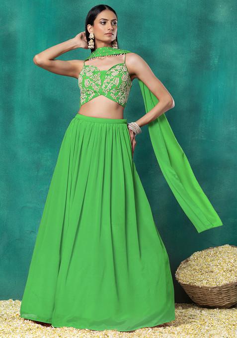 Green Lehenga Set With Floral Pearl Hand Embroidered Blouse And Choker Dupatta