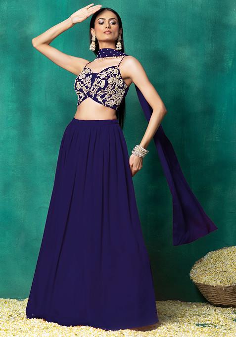 Indigo Blue Lehenga Set With Floral Pearl Hand Embroidered Blouse And Choker Dupatta