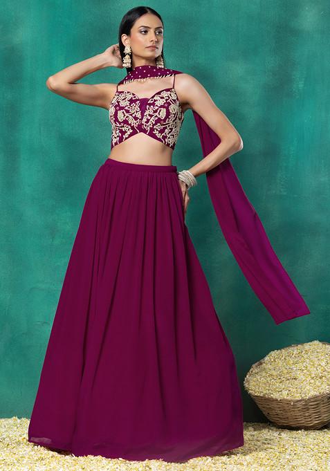 Wine Lehenga Set With Floral Pearl Hand Embroidered Blouse And Choker Dupatta
