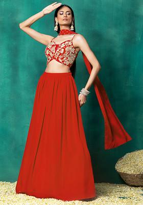 Orange Lehenga Set With Floral Pearl Hand Embroidered Blouse And Choker Dupatta